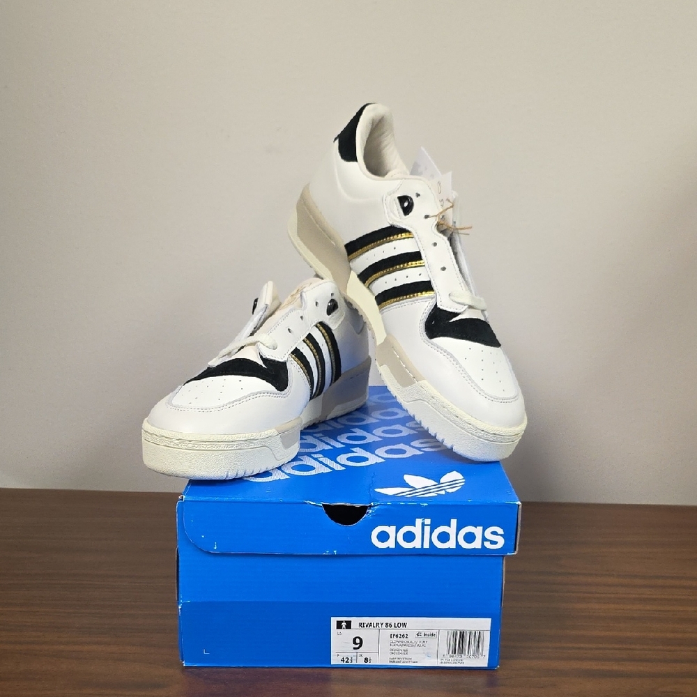 Adidas Rivalry 86 Leather White and Black Shoes with Gold Stripes (IF6262) NWT